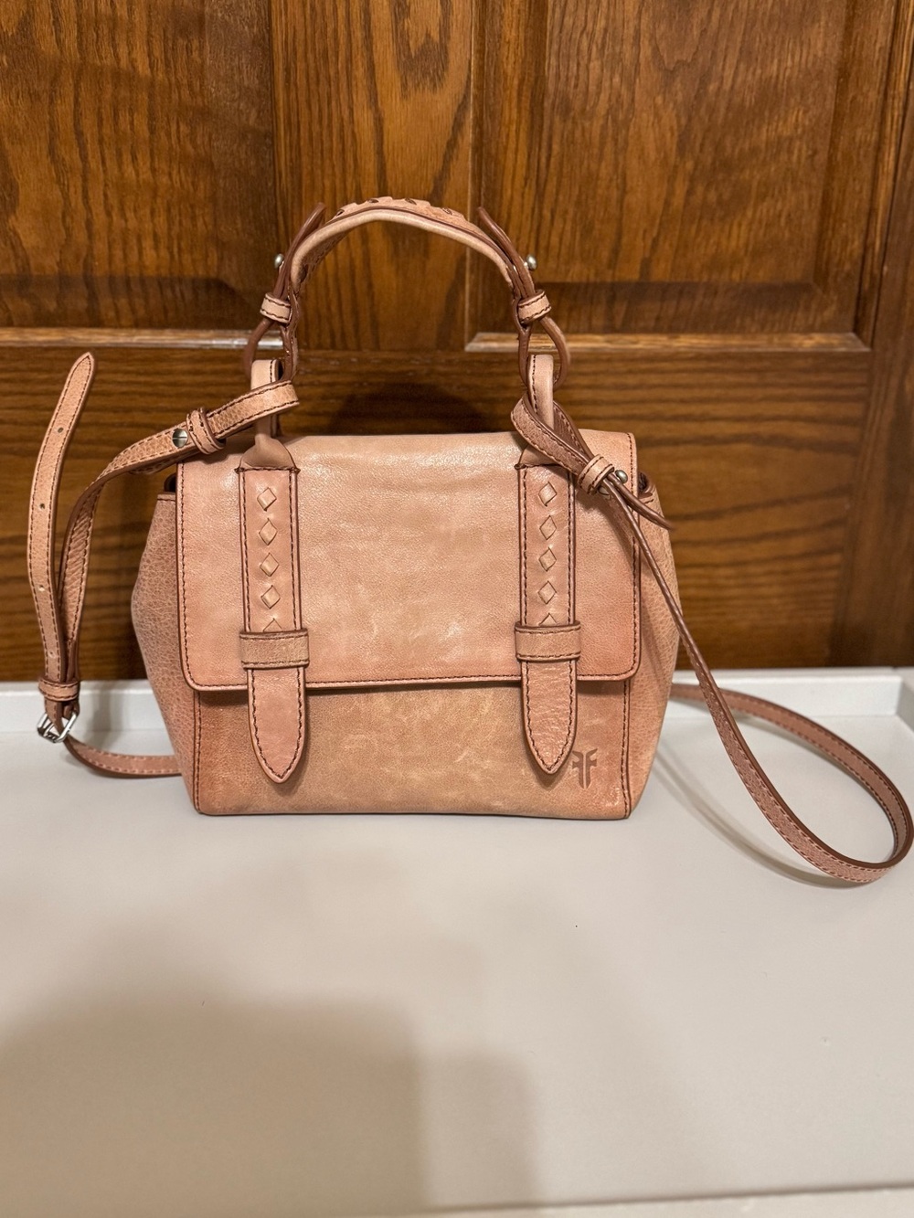 Frye Reed Mini Flap Satchel in dusty rose leather.